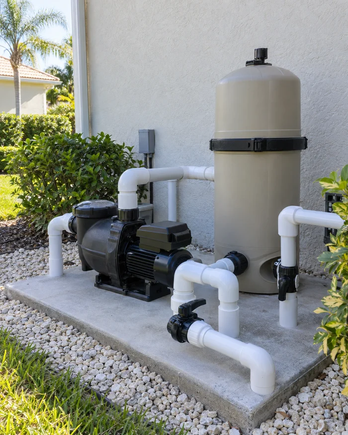 A new variable speed pump and cartridge filter plumbed on a clean equipment pad