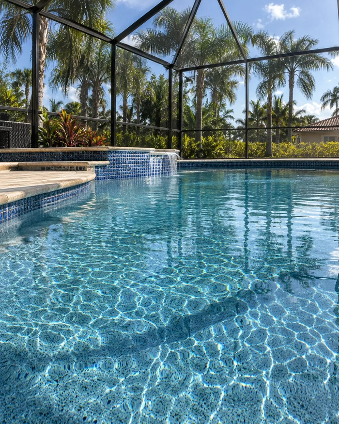 A resurfaced pool with a fresh pebble finish and new blue waterline tile under a screen enclosure