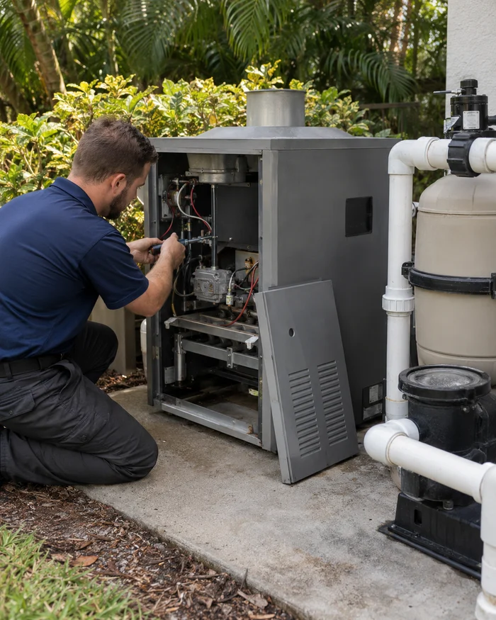 A pool technician replacing a part inside a pool heater with the front panel off