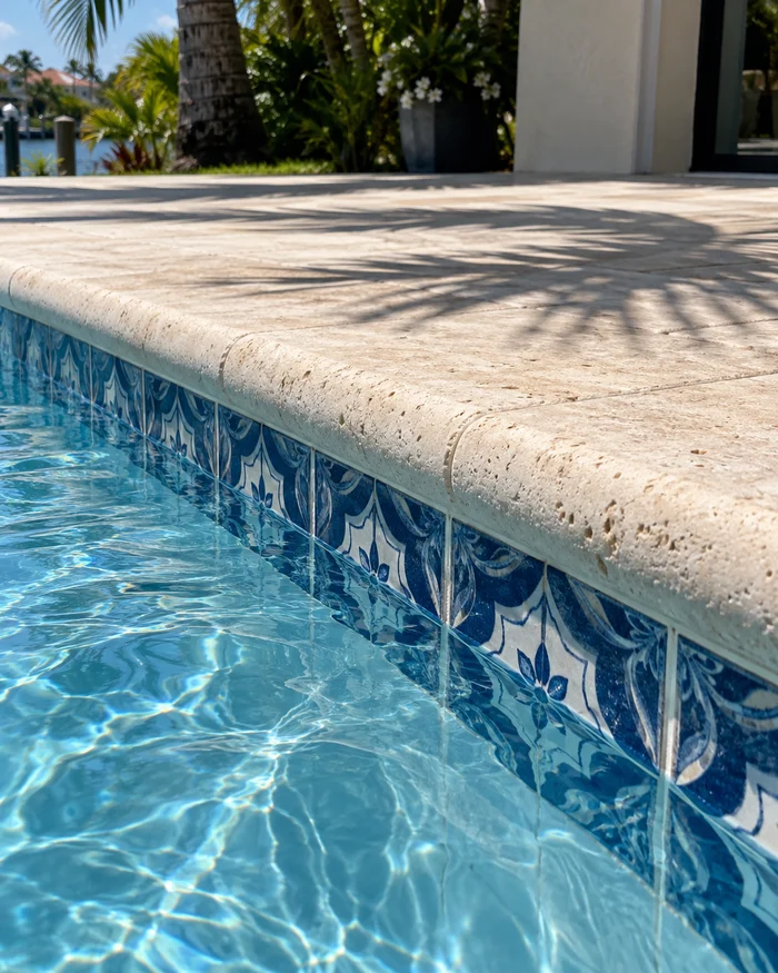 New blue and white waterline tile set under travertine coping around a Florida pool